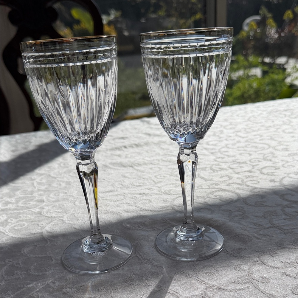 Pair Waterford Crystal Hanover Gold Wine Glasses stamped